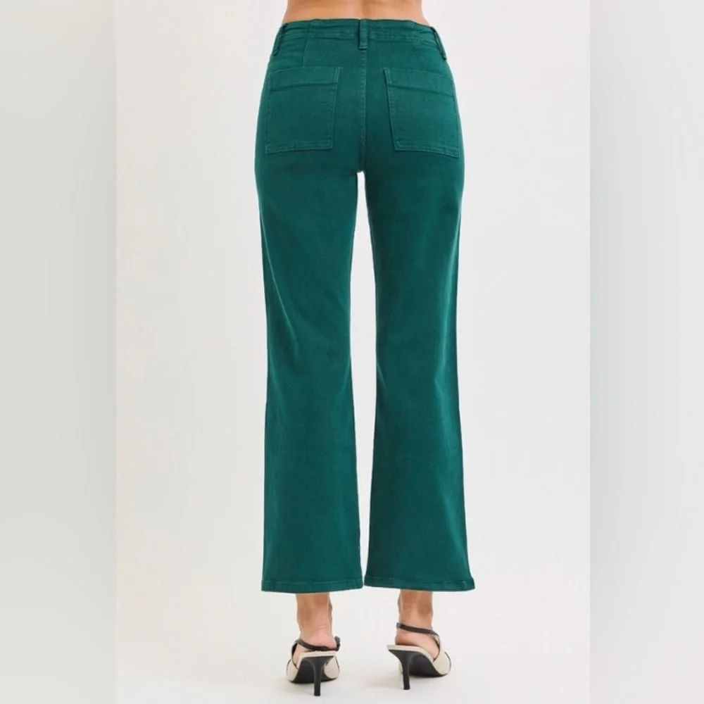 Risen High Rise Kick Flare Patch Pocket Jeans Hunter Green Ankle Various NEW